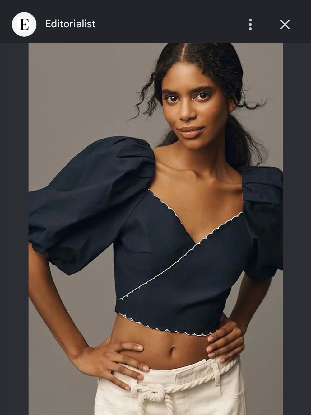Anthropologie Navy Puff-Sleeve Scallop-Trim Crop Top
